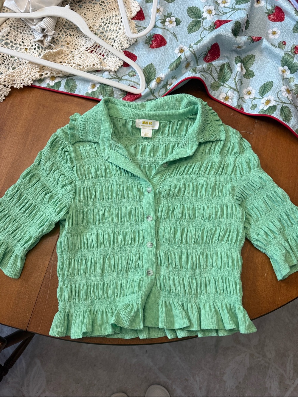 Anthropologie Mint Green Ruffled Button-Front Top